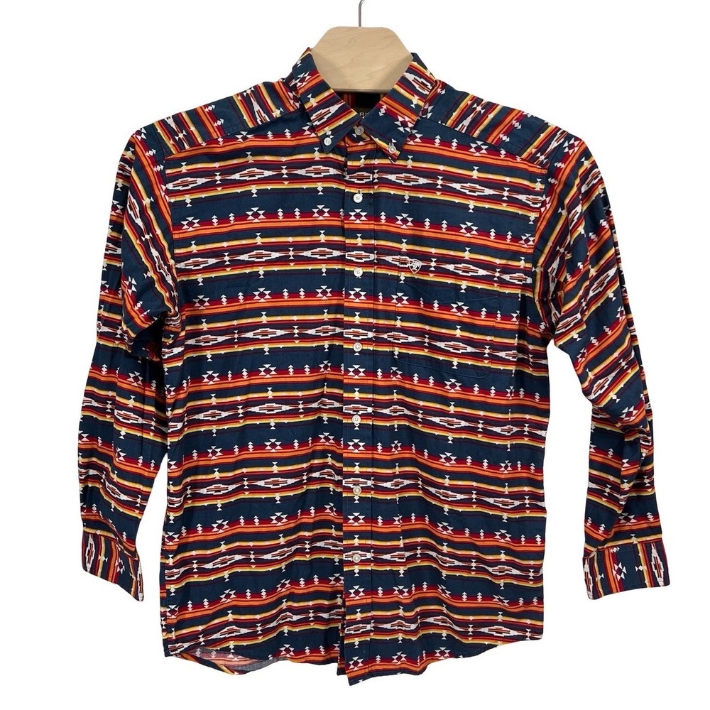 Ariat Mens Large Southwestern Aztec Print Button Down Western Shirt Navy Red